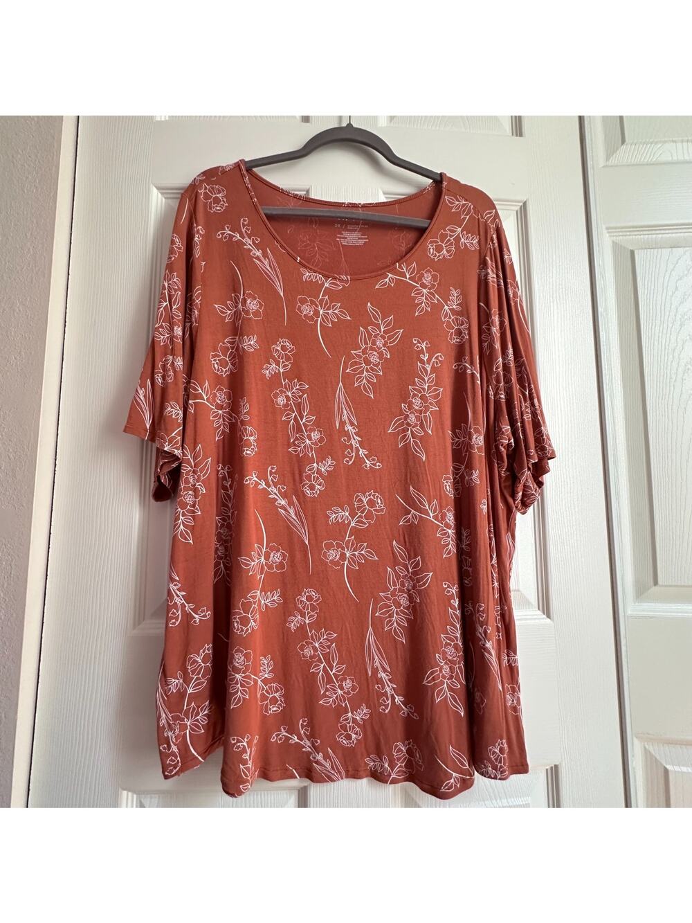 Apt 9 Rust Brown Floral Print Elbow Sleeve Stretch Knit Tshirt Women's 2X